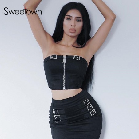 Sweetown Sexy camiseta de tubo sin tirantes mujeres negro cremallera recortada Bandeau Tops ropa int