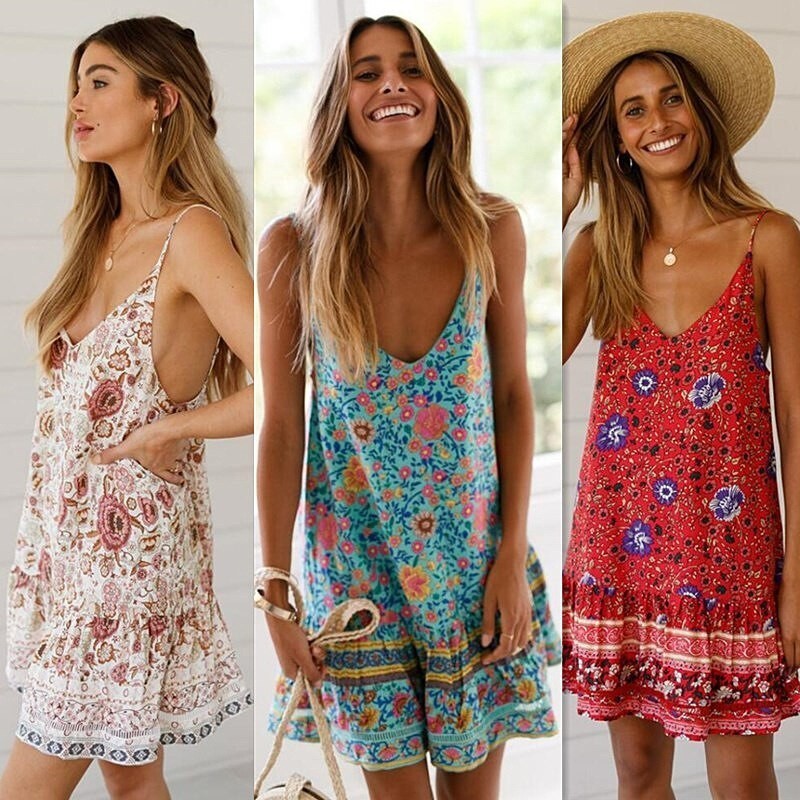 Vestido sin hombros sexi bohemio con estampado Floral para mujer minivestido con volantes y escote