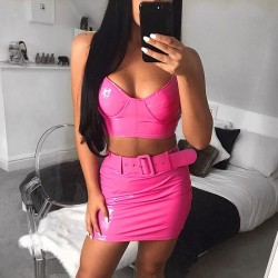 Neon Pink Spaghetti Straps Tube Top And Mini Skirt