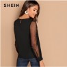 SheIn Womens Tops Fashion Autumn Ladies Blue Striped Fold Over Asymmetric Shoulder Long Sleeve Contr