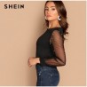 SheIn Womens Tops Fashion Autumn Ladies Blue Striped Fold Over Asymmetric Shoulder Long Sleeve Contr
