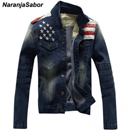 NaranjaSabor chaquetas de mezclilla para hombre bolsillo de moda estrella y rayas Slim Fit Jean atue