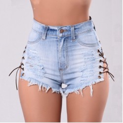 RlmaBaby Summer New Side Lace Up Button Denim Shorts Sexy High Waist Fringe Lace Button  Bodyco