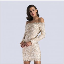 IHOT  women clothing Long sleeve off shoulder lace embroidery patchwork tunic party elegant ladies