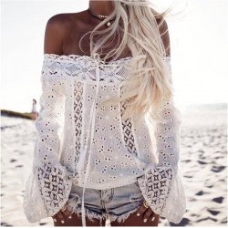 New Women Off Shoulder Blouse Summer White Long Sleeve Crochet Hollow Out Eyelet Top
