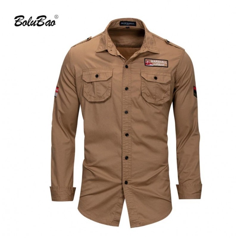 BOLUBAO Casual Brand Men Long Sleeve Shirts Men's Turn-Down Collar Military Style Shirt