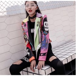 LORDXX Cropped Leather Jackets Women Hip hop Colorful Studded Coat New Spring Ladies Motorcycle Punk Cropped Jacket with belt