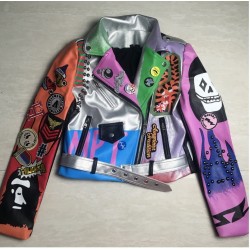 LORDXX Cropped Leather Jackets Women Hip hop Colorful Studded Coat New Spring Ladies Motorcycle Punk Cropped Jacket with belt