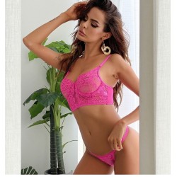 Elolace conjunto de ropa interior Sexy rosa lencera de encaje para mujer Conjunto de sujetador d