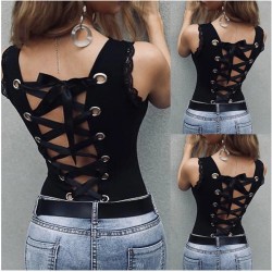 women Sleeveless Pure Colour O-Neck Bandage Hollowing Out Tops fashion Blouse blusas mujer de moda  женские блузки NEW