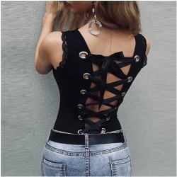 women Sleeveless Pure Colour O-Neck Bandage Hollowing Out Tops fashion Blouse blusas mujer de moda  женские блузки NEW