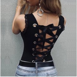 women Sleeveless Pure Colour O-Neck Bandage Hollowing Out Tops fashion Blouse blusas mujer de moda  женские блузки NEW