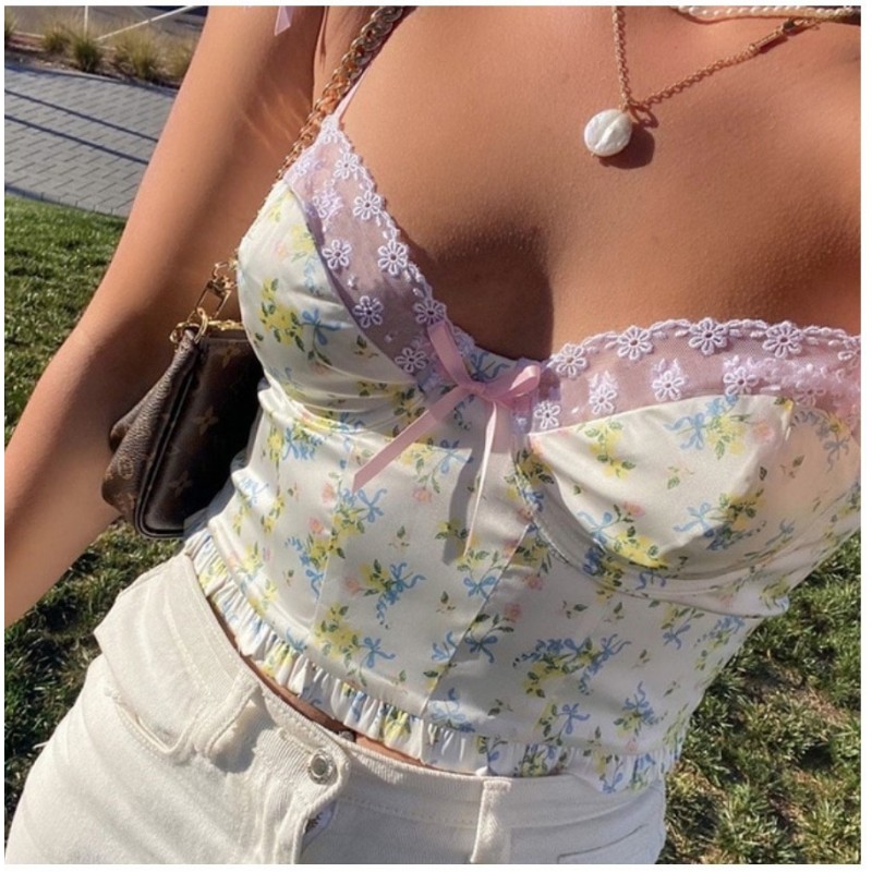 CasualRockmore Lace Patchwork Bow Y2K Cami Women Summer Sexy V-neck Spaghetti Strap Flower Printed