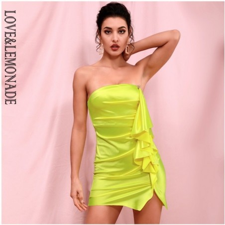 LOVE&LEMONADE Sexy Fluorescent Green Tube Top Ruffled Gold Button Decoration Bodycon Mini Party Dress