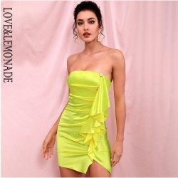 LOVE&LEMONADE Sexy Fluorescent Green Tube Top Ruffled Gold Button Decoration Bodycon Mini Party Dress