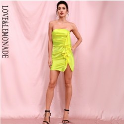 LOVE&LEMONADE Sexy Fluorescent Green Tube Top Ruffled Gold Button Decoration Bodycon Mini Party Dress