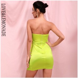 LOVE&LEMONADE Sexy Fluorescent Green Tube Top Ruffled Gold Button Decoration Bodycon Mini Party Dress