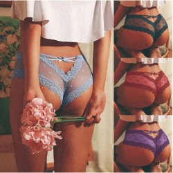 Women's  Cage Back Panties Lace Mesh Perspective Wave Shape Bow Underwear for Ladies