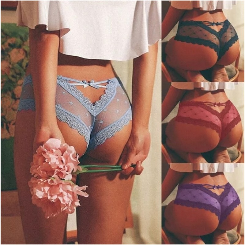 Women's Sexy Cage Back Panties Lace Mesh Perspective Wave Shape Bow Underwear Ladies