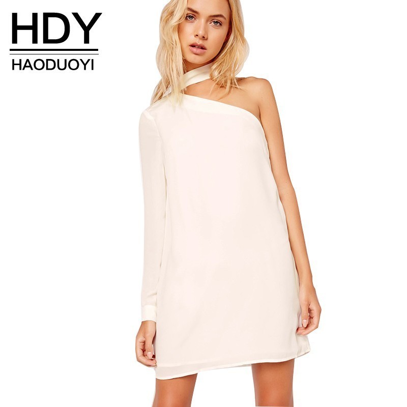 HDY Haoduoyi Asymmetrical Slim Dresses Side One Shoulder Solid White Chiffon Dress Long Sleeve Choke