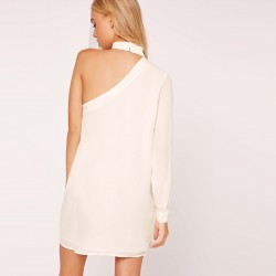 HDY Haoduoyi Asymmetrical Slim Dresses Side One Shoulder Solid White Chiffon Dress Long Sleeve Choke