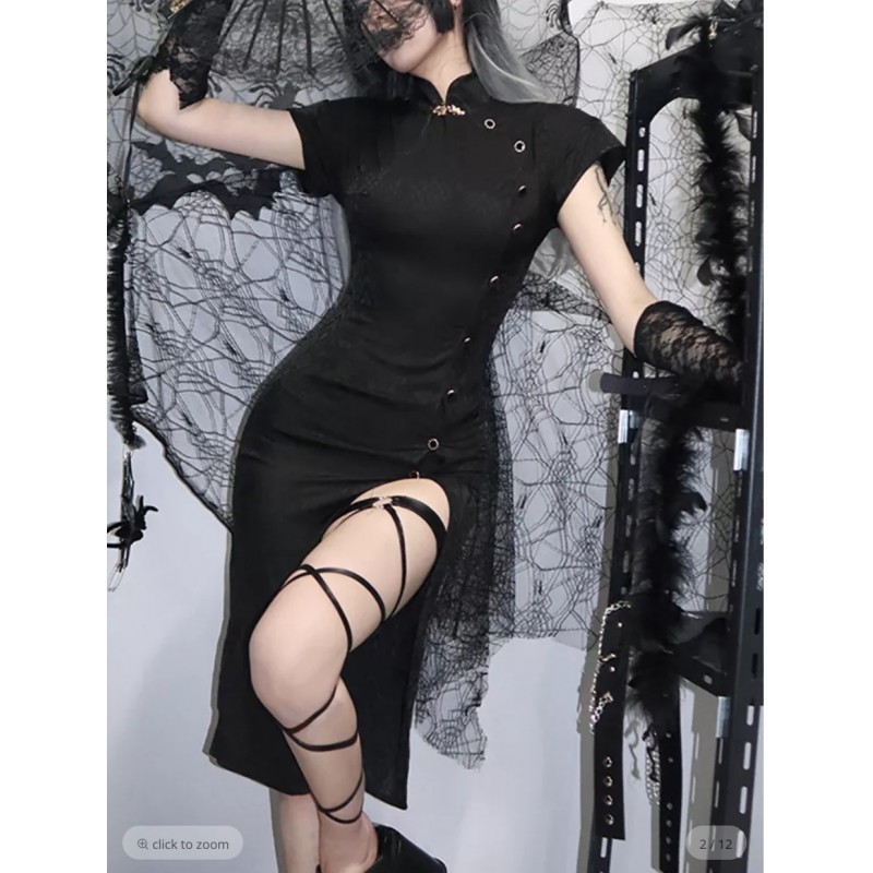 Goth Dark Elegant Mall Gothic Split Women Dresses Grunge Vintage Black