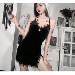 Goth Dark Vintage Gothic Emo Black Women Mini Dresses Grunge Punk Velvet Bodycon Party Strap Dress