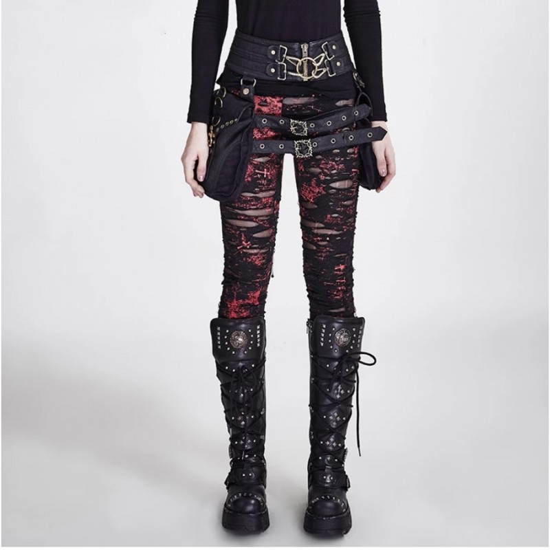 Gothic Women Broken Mesh Leggings Steam Punk Black And Red Women's Holes Ripped Leggings