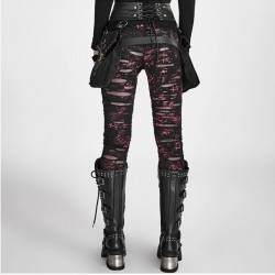 Gothic Women Broken Mesh Leggings Steam Punk Black And Red Women's Holes Ripped Leggings