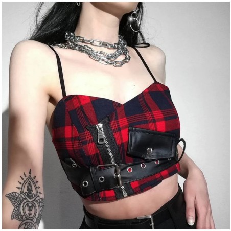 Sexy Straps Tank Top Women Gothic Red Plaid Streetwear Sashes Belt Zipper Punk Girl Summer Casual Chic Crop Tops Camis