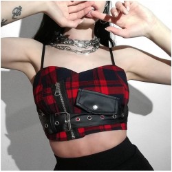 Sexy Straps Tank Top Women Gothic Red Plaid Streetwear Sashes Belt Zipper Punk Girl Summer Casual Chic Crop Tops Camis