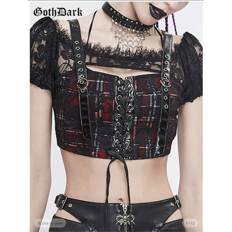 Goth Dark Gothic Plaid Women Sexy T-shirts Cropped Tops Bodycon emo girl Streetwear Clothes