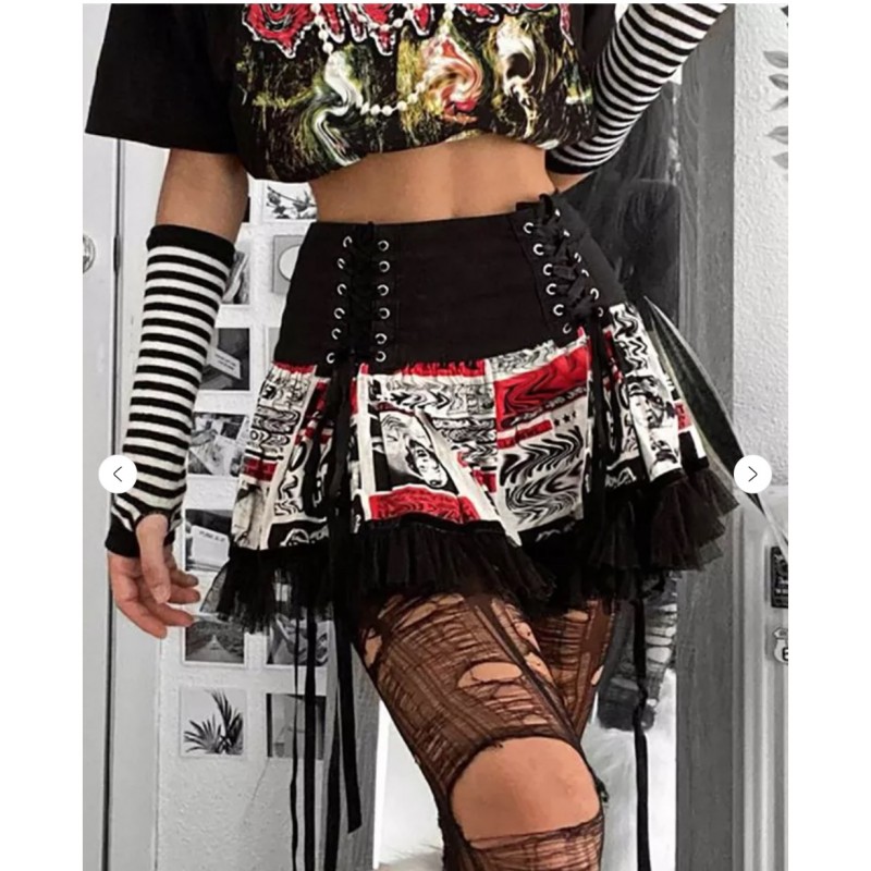 Goth Dark Vintage Printed Gothic Bandage Mini Skirts Grunge Punk Lace Patchwork Sexy A-line Skirt High Waist Fashion Streetwear