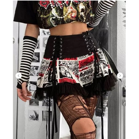 Goth Dark Vintage Printed Gothic Bandage Mini Skirts Grunge Punk Lace Patchwork Sexy A-line Skirt High Waist Fashion Streetwear