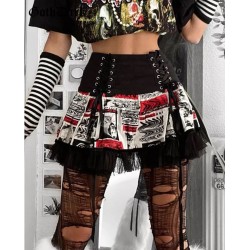 Goth Dark Vintage Printed Gothic Bandage Mini Skirts Grunge Punk Lace Patchwork Sexy A-line Skirt High Waist Fashion Streetwear