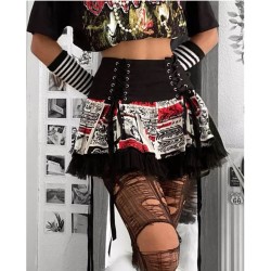 Goth Dark Vintage Printed Gothic Bandage Mini Skirts Grunge Punk Lace Patchwork Sexy A-line Skirt High Waist Fashion Streetwear