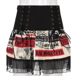 Goth Dark Vintage Printed Gothic Bandage Mini Skirts Grunge Punk Lace Patchwork Sexy A-line Skirt High Waist Fashion Streetwear