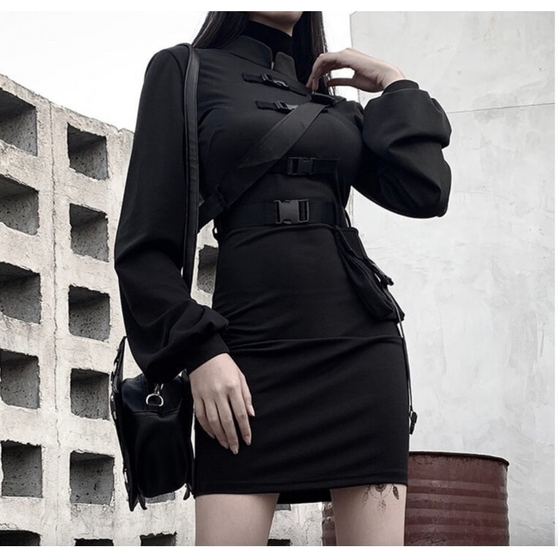 Black Gothic Punk Dress  Cool Stand Collar Bodycon Buckle Pocket Bandage Slim Goth Long Sleeve Mini Dresses