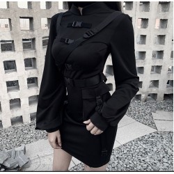 Black Gothic Punk Dress  Cool Stand Collar Bodycon Buckle Pocket Bandage Slim Goth Long Sleeve Mini Dresses