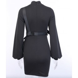 Black Gothic Punk Dress  Cool Stand Collar Bodycon Buckle Pocket Bandage Slim Goth Long Sleeve Mini Dresses