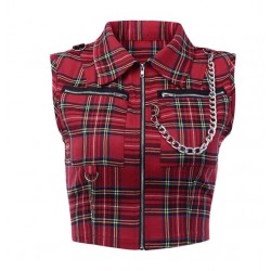 Rosetic  Gothic Chic Sexy  Punk Ladies Red Women Tops Blouses Zipper Chain Plaid Female Goth Retro Emo  Devil Punk Rave