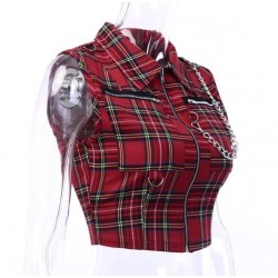 Rosetic  Gothic Chic Sexy  Punk Ladies Red Women Tops Blouses Zipper Chain Plaid Female Goth Retro Emo  Devil Punk Rave