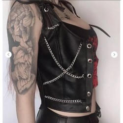 Weekeep Gothic Leather Tank Top Sleeveless Bandage Chain PU Crop Top Punk Style Black Sexy Vest Women Harajuku Hollow Out Camis