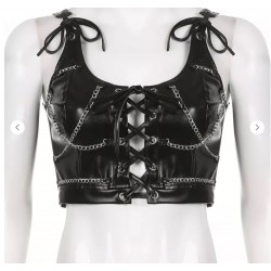 Weekeep Gothic Leather Tank Top Sleeveless Bandage Chain PU Crop Top Punk Style Black Sexy Vest Women Harajuku Hollow Out Camis