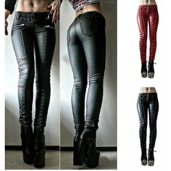 Steampunk Women Faux Leather Cosplay Pants Carnival Party Skinny Button Trousers Workout Leggings High Waist  New Girl Pants