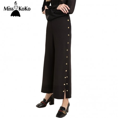 MissKoKo Apparel Black Brief Single Breasted Vintage Women Bottoms Spring Female Wide Leg Pant Side