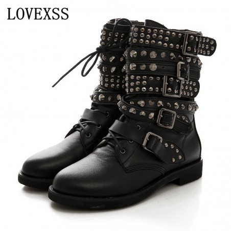 LOVEXSS Rivet Ankle Boots 2017 Latest Woman Gothic Shoes Low-heeled Punk Shoes Handsome Black Rivet
