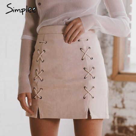 Simplee Autumn lace up leather suede pencil skirt Winter 2017 cross high waist skirt Zipper split bo