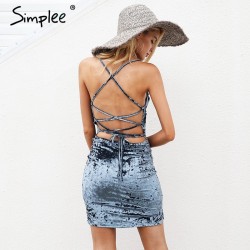 Simplee Strap backless velvet mini dress women Sexy lace up skinny bodycon dress female Slim winter 