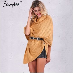 Simplee Knitting turtleneck poncho sweater women Vintage irregular jumper cape 2017 Winter sweater s